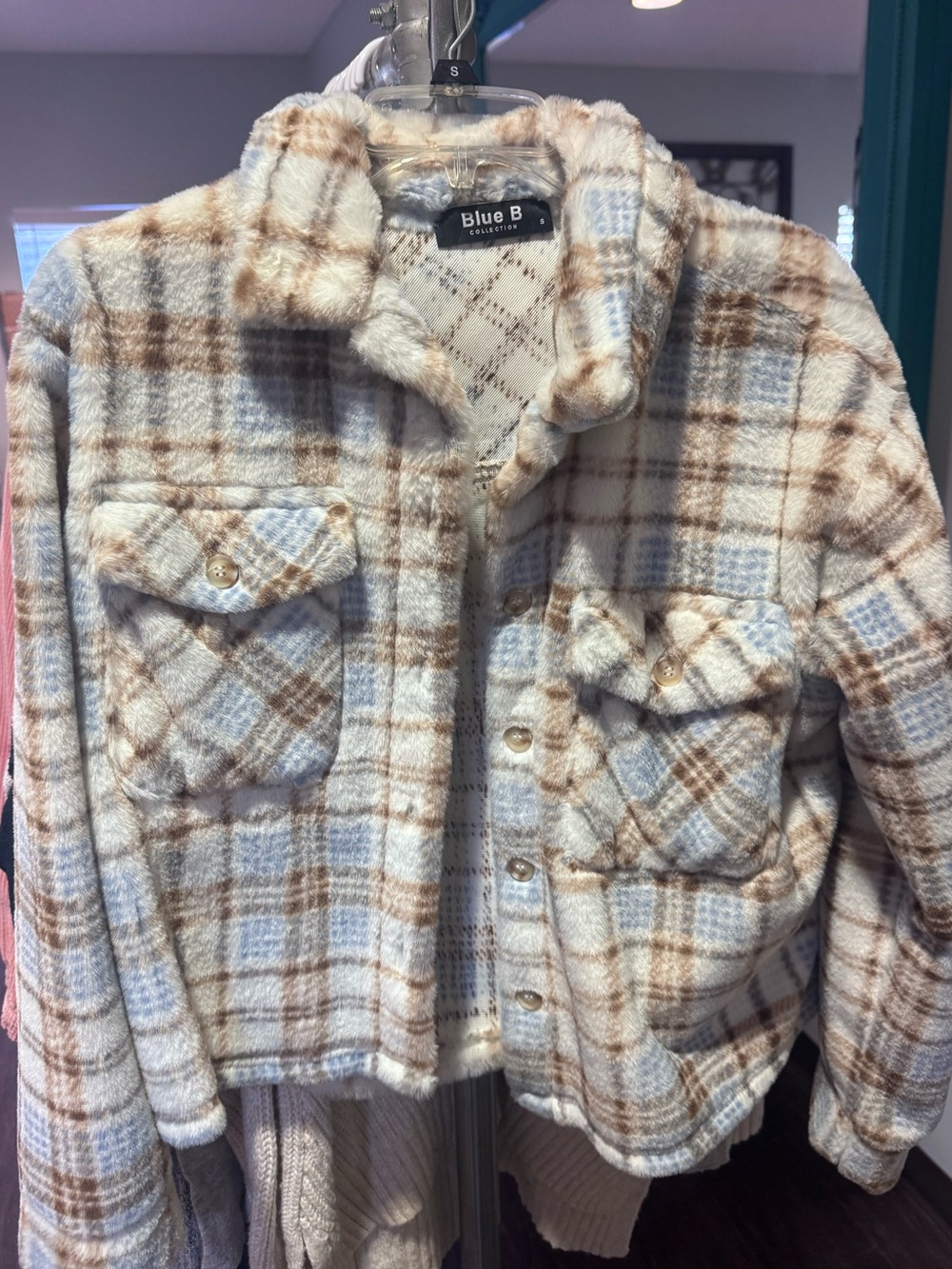 blue B Plaid Sherpa-Lined Women’s Jacket - Cream, Light Blue & Brown